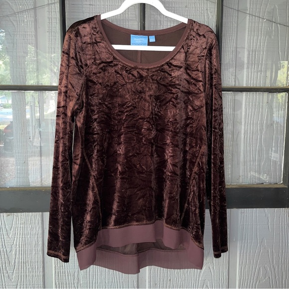 Simply Vera top, dark brown crushed velvet, sheer hemline & metallic stitching - Picture 1 of 8